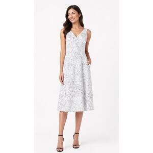 Kay Unger Marissa Ivory Navy Floral A Line Midi Dress Size 8 Wedding Guest